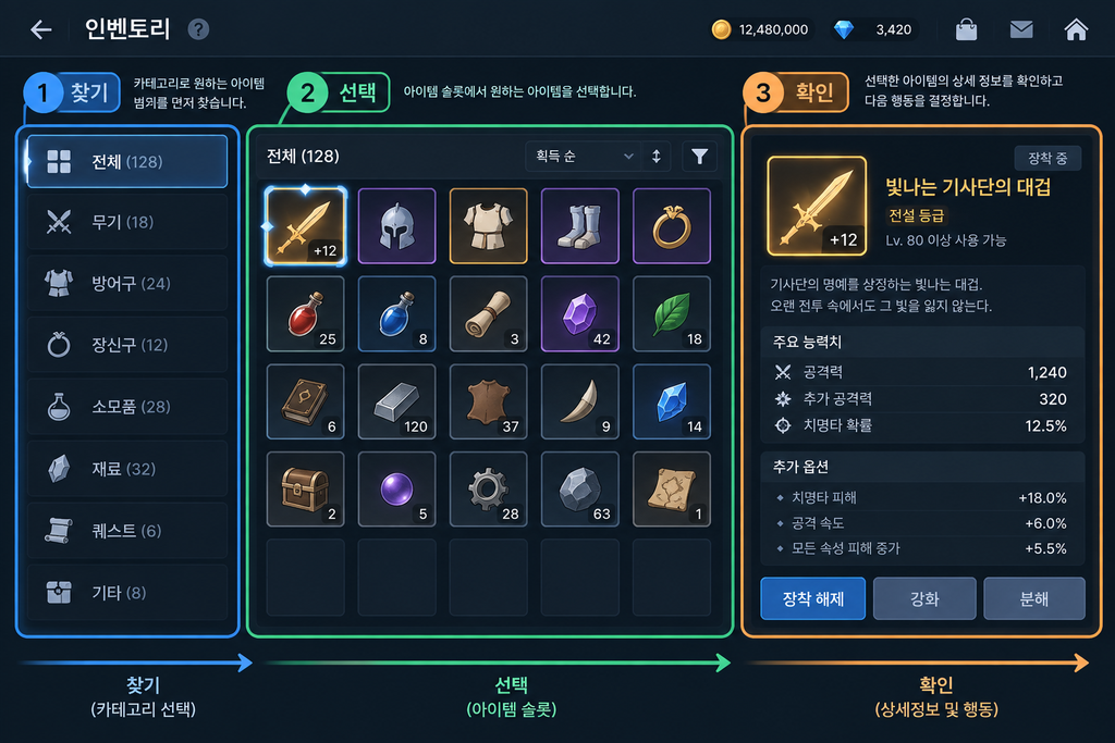 인벤토리의 기본 탐색 구조